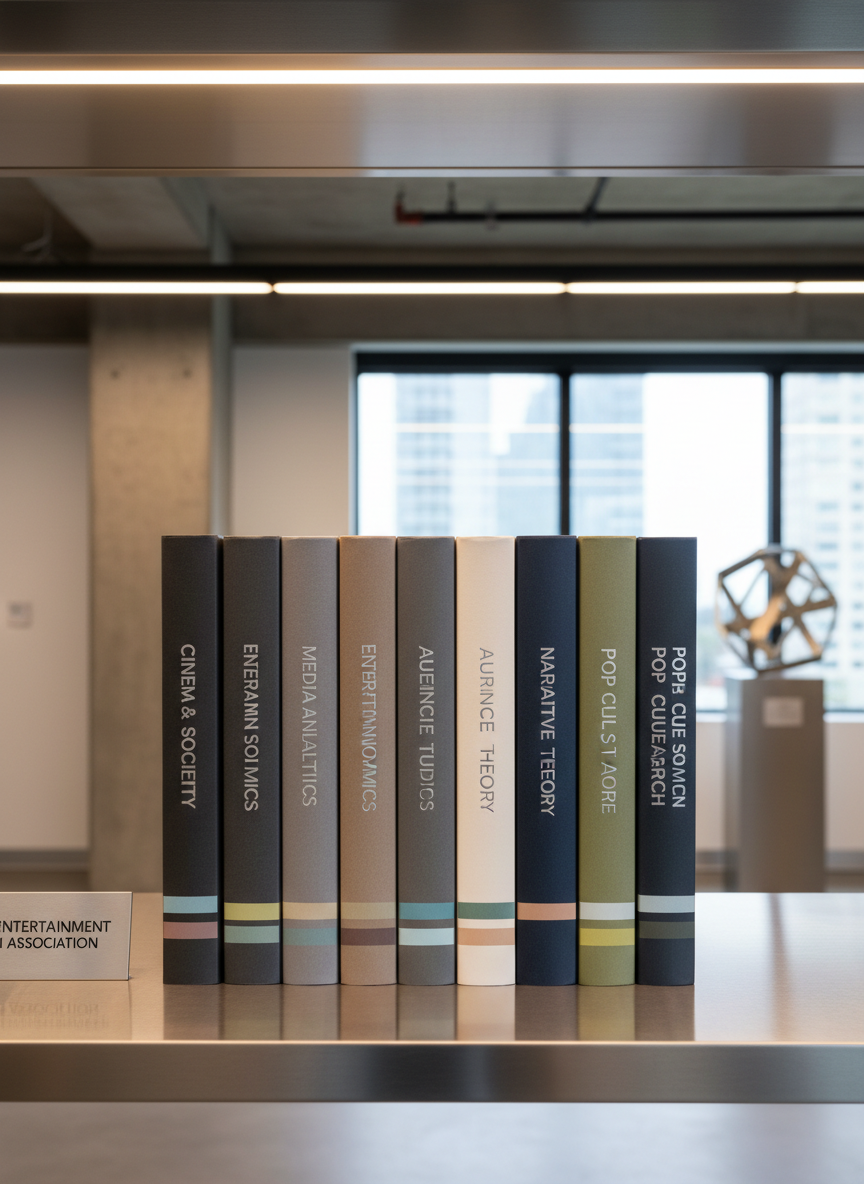 A series of thick, hardcover research journals with embossed silver titles and textured matte covers, neatly aligned on a brushed steel shelf within a modern office environment. The journals' spines feature tasteful, understated color accents matching the neutral palette of the room. Soft overhead LED lighting highlights the journals' clean geometry while casting subtle, even shadows along the shelf. The mood is orderly and scholarly, exuding academic rigor and depth. Captured with a centered, slightly elevated angle and crisp focus throughout for a structured, balanced feel. The visual style is minimalist and corporate, aligning perfectly with the professional identity of an entertainment-focused research association.